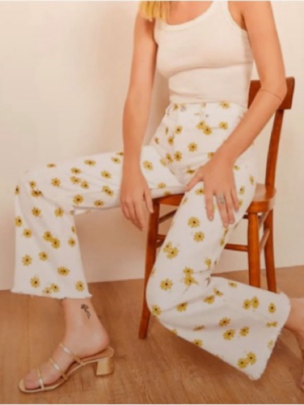 Reformation White Floral Wide-Leg Jeans with Yellow Daisy Print